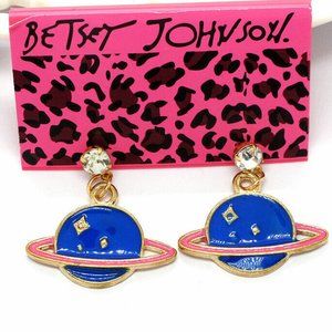 PLANET SATURN Crystal Rhinestone Stars Blue Red & Gold Enamel Pirerced Earrings